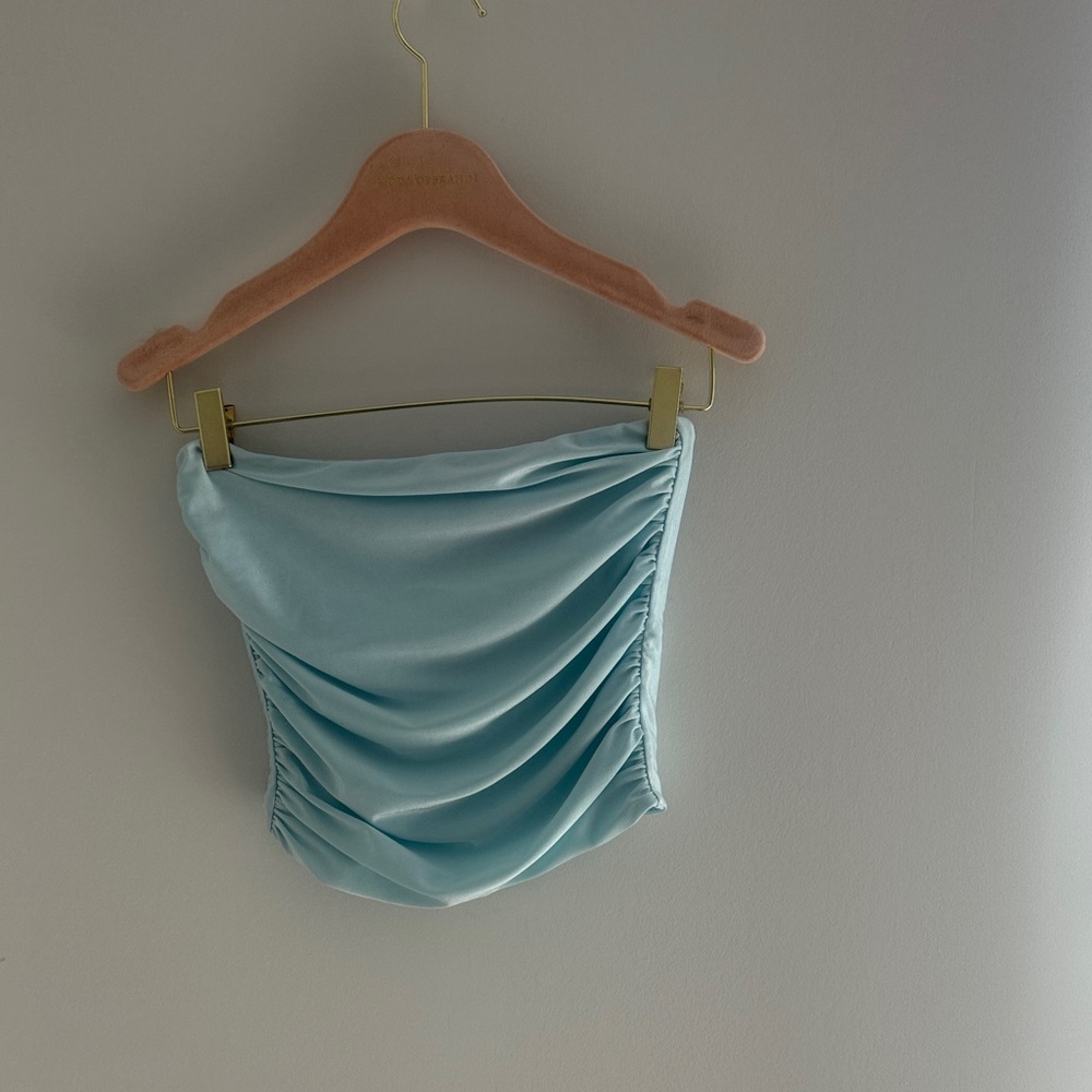SER.O.YA Ruched Satin Tube Top in Light Blue